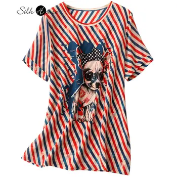 2023, Женская модная Летняя Новая шелковая футболка с коротким рукавом и круглым вырезом, шелковый топ с принтом в полоску, уменьшающий возраст, тонкая рубашка
