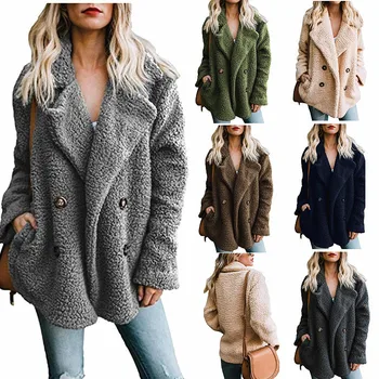 2023 Женское пальто с плюшевым отворотом и карманом на пуговицах