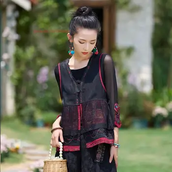 2023 китайский винтажный жилет с национальной цветочной вышивкой, костюм эпохи тан, традиционный атласный жаккардовый шифоновый кружевной жилет, этнический жилет
