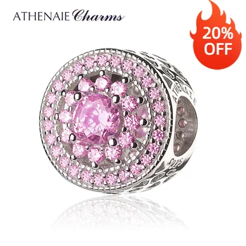 ATHENAIE, серебро 925 пробы, прозрачный фианит и розовое сердечко, сияющие ажурные бусины-шармы, подарок на день рождения, юбилей, для женщин