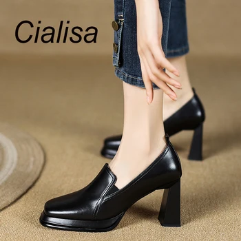 Cialisa/ Женские туфли-лодочки, Весна-осень, Новая женская обувь из натуральной кожи с квадратным носком, Высококачественная Элегантная Офисная Женская обувь на высоком каблуке