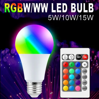 E27 RGBW Светодиодные Лампы Smart Control Dimmable 5 Вт 10 Вт 15 Вт RGB Лампа Красочные Меняющиеся Волшебные Лампочки для Домашней Комнаты, Бара, Вечернего Декора
