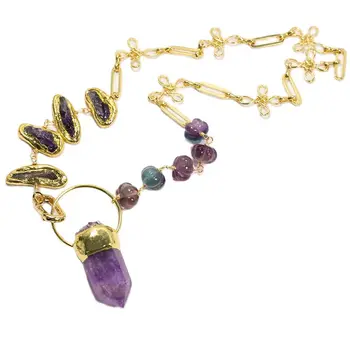 GG Ювелирные Изделия из Настоящего Аметистового Флюорита, Длинные Четки, Модное Ожерелье-цепочка, Фиолетовый кулон с аметистовой каплей, Простые подарки для женщин