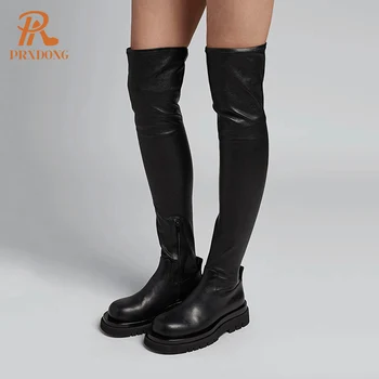 PRXDONG/Женские эластичные ботинки черного цвета из натуральной кожи с круглым носком, Новый бренд, осенне-зимние теплые ботфорты выше колена, Модельная Повседневная обувь