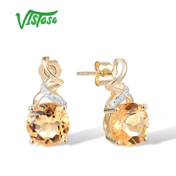 VISTOSO Аутентичные серьги-гвоздики из желтого золота 14K 585 Для женщин, сверкающие бриллианты, Цитрин, Модный свадебный подарок, изысканные ювелирные изделия