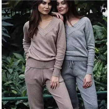 XURUZ/ весенне-осенний новый модный вязаный комплект, Женский свитер свободного размера с V-образным вырезом, комплект из двух предметов, женская одежда для внешней торговли