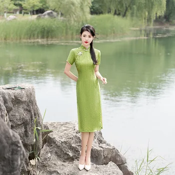 Yourqipao Летнее Зеленое Современное Вечернее Платье Ципао в китайском Стиле в стиле Ретро, Модное Элегантное Платье на Каждый День, Фотография Ципао для Женщин