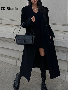 [ZD Studio] Черное шерстяное длинное пальто для женщин, Офисная женская двубортная одежда с зубчатым воротником, осень-зима, новинка