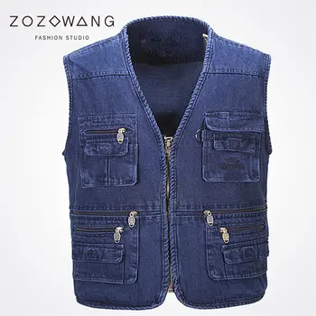 Zozowang/новинка, большие размеры 4XL, однотонный джинсовый жилет с V-образным вырезом, на молнии, свободный, повседневный, модный, с несколькими карманами, весна-осень, на талии, ...