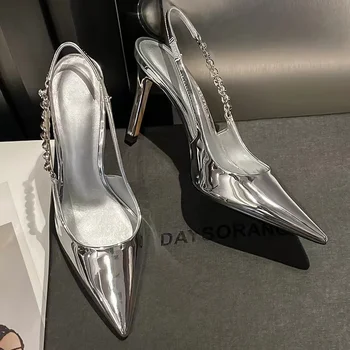Блестящие Женские туфли-лодочки серебристого цвета с ремешком на высоком каблуке, Босоножки с металлическими кристаллами, Туфли на шпильке с острым носком, женские вечерние модельные туфли