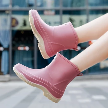 Весенне-летние женские непромокаемые непромокаемые ботинки 2023 г., Новые непромокаемые ботинки из ПВХ, Модные непромокаемые ботинки без застежки, Уличная нескользящая обувь для ходьбы