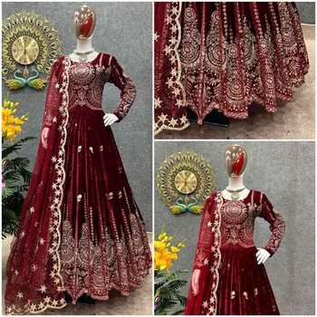 Вечерняя одежда Dupatta, платье цвета красного вина, Расклешенная Курта, индийский Дизайнер Anarkali Kurta Kurti