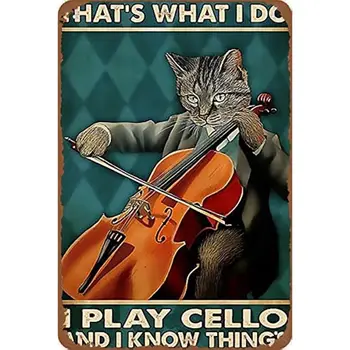 Винтажная виолончель Черный кот, Играющий на виолончели Настенное Искусство Винтажная Жестяная вывеска Рождество Новый Год Подарок на День Рождения Винтажная Жестяная стена Металл