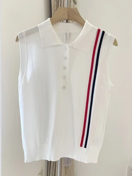 Высококачественная корейская модная рубашка поло без рукавов из ледяного шелка в цветную полоску, майка, внешняя футболка, Универсальный пуловер Поло