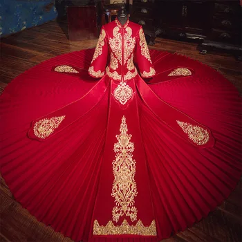 Вышитое бисером Блестками Китайское Традиционное Свадебное Платье Ципао Для Невесты и Жениха из Атласа китайская одежда