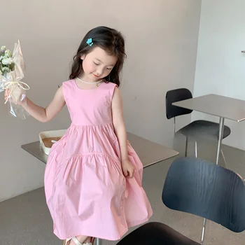 Детское Милое платье большого размера 2023, Летнее платье Для девочек, Розовое Хлопковое Длинное платье без рукавов с открытой спиной