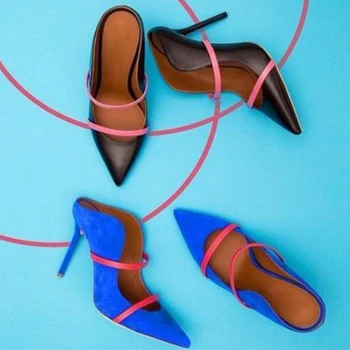 Дизайнерские туфли-лодочки с острым носком на двойных ремешках, замшевые мюли, весенне-летняя женская обувь, босоножки знаменитостей на высоком каблуке с откидной спинкой
