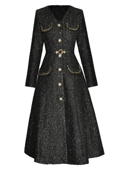 Дизайнерское осенне-зимнее модное твидовое пальто, женское однобортное пальто с длинным рукавом и карманом на поясе, черное пальто, верхняя одежда