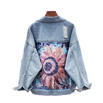 Женская джинсовая куртка, женская Весенне-осенняя Куртка в стиле Бохо С цветочными аппликациями и вышивкой, пальто с длинным рукавом, Женская Верхняя одежда Veste femme