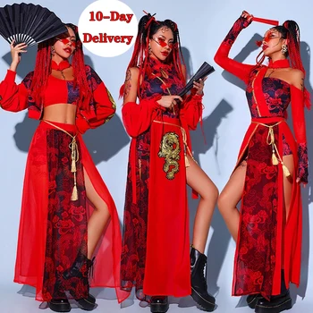 Женская одежда для джазовых выступлений в китайском стиле, красные фестивальные наряды, одежда в стиле хип-хоп для взрослых, сценические костюмы для танцев Gogo