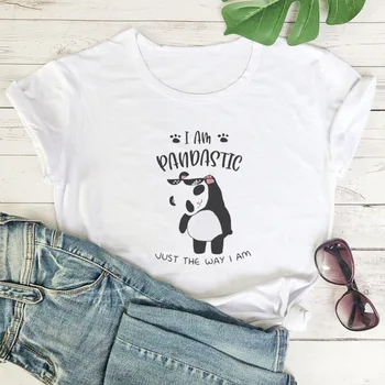 Женская Хлопковая Повседневная футболка с круглым вырезом и коротким рукавом, Женская Свободная Удобная футболка, Женская футболка с графическим принтом I Am Pandastic