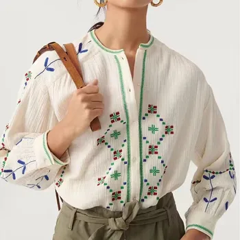 Женская хлопчатобумажная рубашка 2023 года, новая вышивка крестиком, геометрическая вышивка, этническая ретро художественная блузка с круглым вырезом