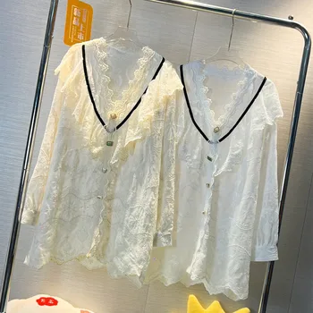 Женская Элегантная Однотонная рубашка с Кружевной вышивкой, Блузка с длинным рукавом, топы с оборками, V-образный вырез горловины, Открытые Топы