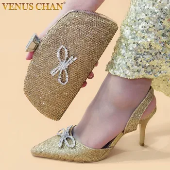 Женские свадебные туфли Venus Chan Золотого цвета на высоком каблуке с острым носком на 2023 год, Сандалии со стразами на тонком каблуке и сумка в комплекте