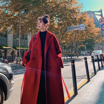 Зима Осень Рождество, Красное Черное Свободное Длинное Шерстяное пальто, куртка с поясом, Шерстяное пальто, Корейский женский Кардиган с разрезом по низу, верхняя одежда XL