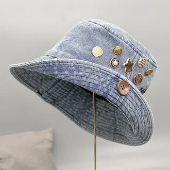 Ковбойская шляпа в западном стиле, повседневная джинсовая шляпа Рыбака, модная солнцезащитная шляпа для бассейна, Винтажные потертые джинсовые шляпы на пуговицах