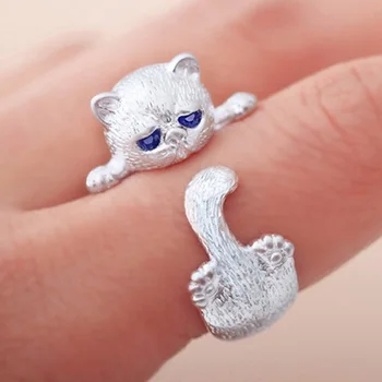 Кольцо для мужчин и женщин, Милое кольцо с кошкой в Японском Стиле, Простота, модные украшения, подарки, Синие стразы, глаза, кольца с кошачьей лапой