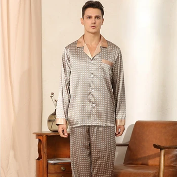 Комфортная Мужская Пижама Европейского/американского Размера с Длинным рукавом, Пижамный Костюм, Домашняя Одежда, Шелковая Пижама для Мужчин, Пижамный Комплект для Мужчин