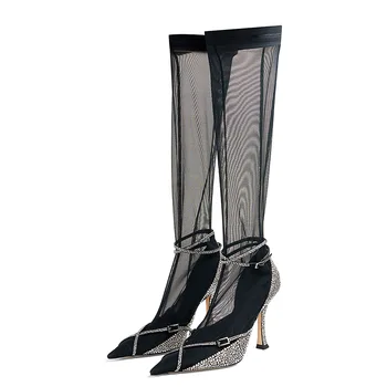 Летние модные эластичные сетчатые сапоги со стразами и ремешком с пряжкой, Пикантные женские босоножки на высоком каблуке с перекрестной каймой, крутые ботинки с острым носком