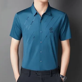 Летняя трендовая универсальная рубашка с коротким рукавом, Мужская одежда, Летняя модная однобортная повседневная однотонная футболка с вышивкой