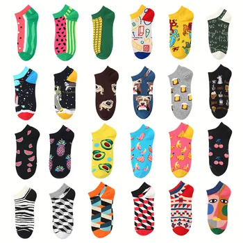 Милые хлопковые мужские носки с фруктами, кукурузой, пивом, геометрическими цифрами, мультяшные повседневные красочные крутые короткие носки до щиколотки, прямая поставка