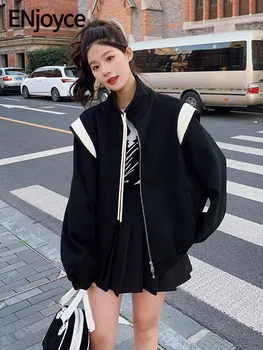 Наслаждайтесь весенне-осенними женскими винтажными бейсбольными куртками в стиле пэчворк в корейском уличном стиле, городскими уличными пальто на молнии, повседневной верхней одеждой