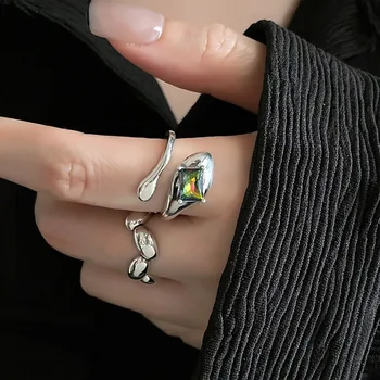 Настоящее серебро 925 пробы Индивидуальное кольцо с регулируемой поперечной волной в стиле Ретро Изысканные ювелирные изделия Для женщин Вечерние элегантные аксессуары