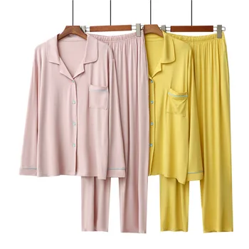 Новая Милая Розовая пижама, Женская Весенняя модальная пижама, одежда для отдыха, Женская Повседневная рубашка и брюки из 2 предметов, Пижамные костюмы с длинными рукавами