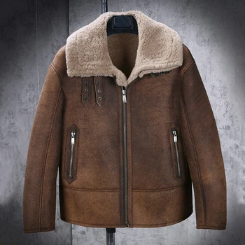 Новая мужская куртка из овчины B3, короткая мотоциклетная куртка, Мужское шерстяное пальто, коричневая кожаная куртка из овчины