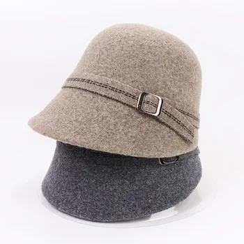 Новая осенне-зимняя шляпа для верховой езды, высококачественная однотонная шерстяная шляпа Рыбака, Женская Модная теплая шляпа-ведро с металлической пряжкой