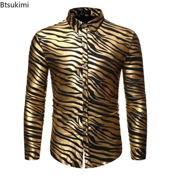 Новинка 2023, мужская Диско-рубашка с золотистым металлическим принтом в виде Зебры и длинным рукавом, приталенные мужские рубашки для Вечеринок, рубашки-сорочки для выпускного вечера