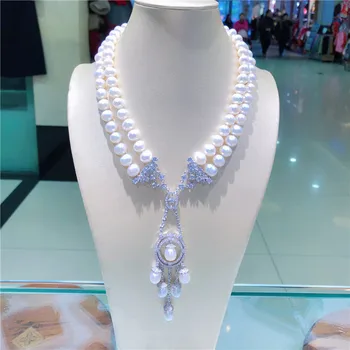 Новый стиль натуральный 2 ряда 8-9 мм белый пресноводный жемчуг микро-инкрустация циркон аксессуары ожерелье модные украшения
