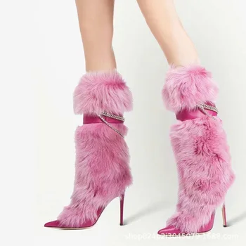 Осенне-зимние модные сапоги из воловьей кожи с мехом для волос Spice Girl, нишевые уличные ботинки на заостренном каблуке-шпильке в стиле фритюрницы