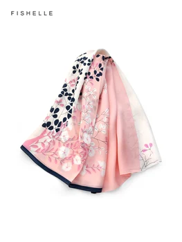 Розовый длинный шарф с растительным принтом, женская бандана из натурального шелка, 100% чистая шелковая шаль, женские весенне-летние роскошные шарфы
