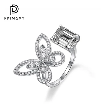 Роскошное кольцо-бабочка из стерлингового серебра PRINGXY 925 Пробы с кубическим цирконием, Открытое Регулируемое кольцо для женщин, Свадебные украшения для Помолвки