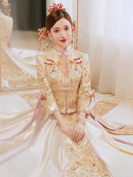 Свадебное платье Китайской невесты с шампанским, Тонкий Свадебный комплект Чонсам, Изысканный костюм, Одежда для Восточных Тостов