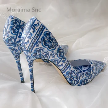 Сине-белые женские туфли на высоком каблуке с фарфоровым принтом, тонкие туфли на шпильке с острым носком, женская обувь для банкета, темпераментная женская обувь