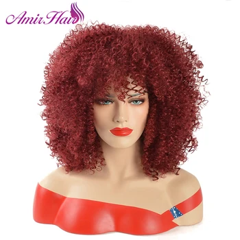 Синтетические Красные Афро Вьющиеся парики для женщин, Черный Парик из синтетических волос с челкой, Афро Кудрявый парик для косплея Amir