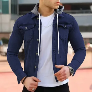 Сплошной цвет топ пальто верхняя одежда Мужская мода зима джинсовая повседневная куртка с капюшоном мужская осенняя куртка мужская новая шить тонкий кардиган