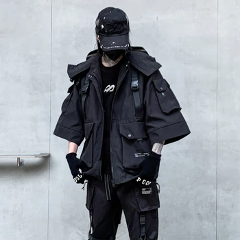 Тактические куртки в стиле хип-хоп С множеством карманов, пальто с коротким рукавом, Уличная одежда, Мужские топы с капюшоном, Техническая одежда, Мужская одежда Harajuku
